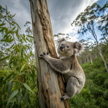 Adorable Koala Climbing Eucalyptus Tree in Australian Rainforest