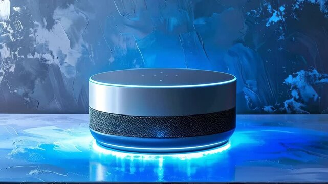Futuristic Smart Speaker on Blue Illuminated Surface Modern Technology Gadget
