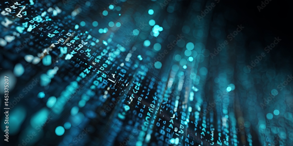 Poster Abstract Digital Background with Random Text in Blue and Teal Color Scheme for Technology and Programming Themes