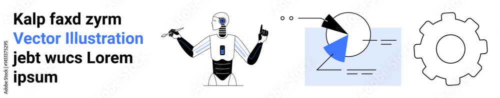 Poster humanoid robot gesturing towards data insights, pie chart, and cogwheel symbolizing technology, ai, 