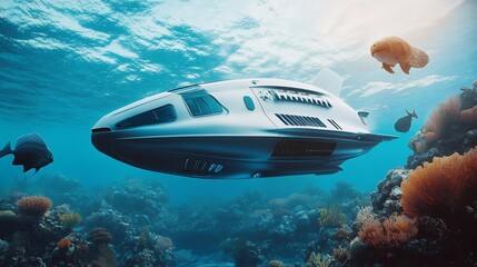 Fototapeta premium Underwater Exploration: A Submersible Vehicle Navigating a Vibrant Coral Reef