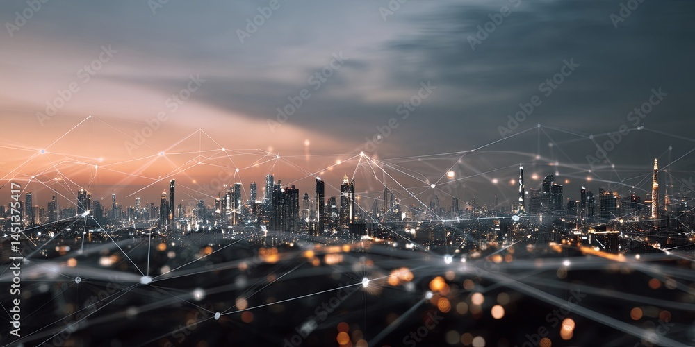 Aufkleber Urban skyline at dusk with digital connection lines representing technology, data flow, and networking in a modern city environment