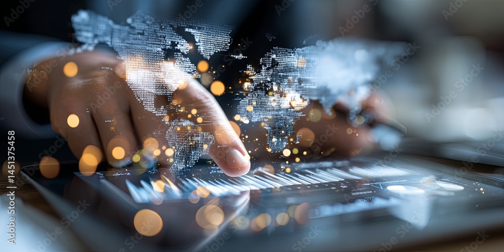 Aufkleber Person Using Digital Tablet with Business Analytics and Charts in a Modern Workspace with Technology and Global Map Representation