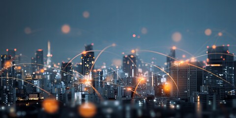 Urban skyline at dusk with digital connection lines representing technology, data flow, and networking in a modern city environment