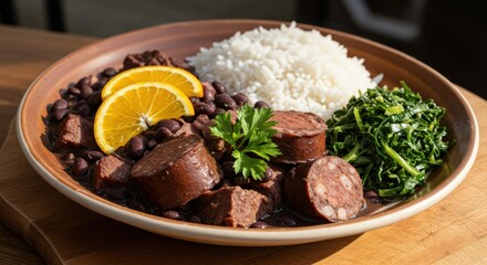 Feijoada: A Traditional Brazilian Black Bean Stew Platter