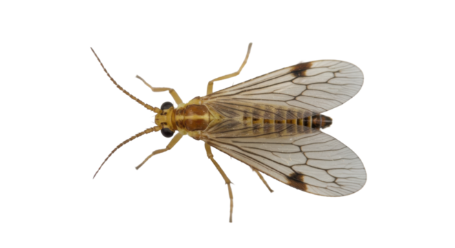 Isolated top view of a small brown and yellow insect with translucent spotted wings
