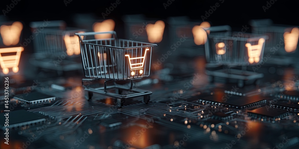 Poster Digital Shopping Concept with Neon Shopping Cart Icons and Circuit Board Background Representing E-commerce Experience in Modern Technology