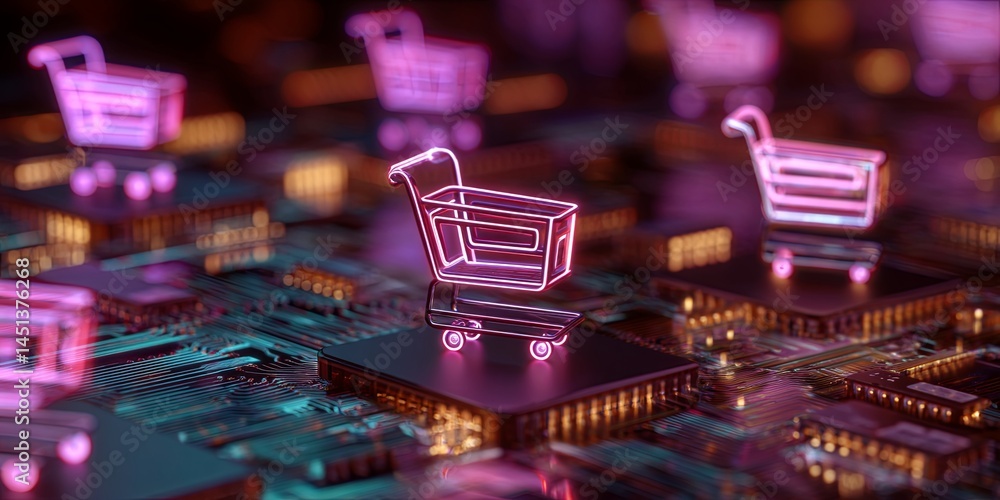 Fototapete Digital Shopping Concept with Neon Shopping Cart Icons and Circuit Board Background Representing E-commerce Experience in Modern Technology