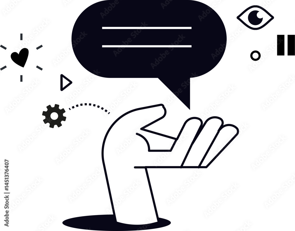 Poster an illustration depicting a hand reaching out to support a speech bubble containing lines. suggests 