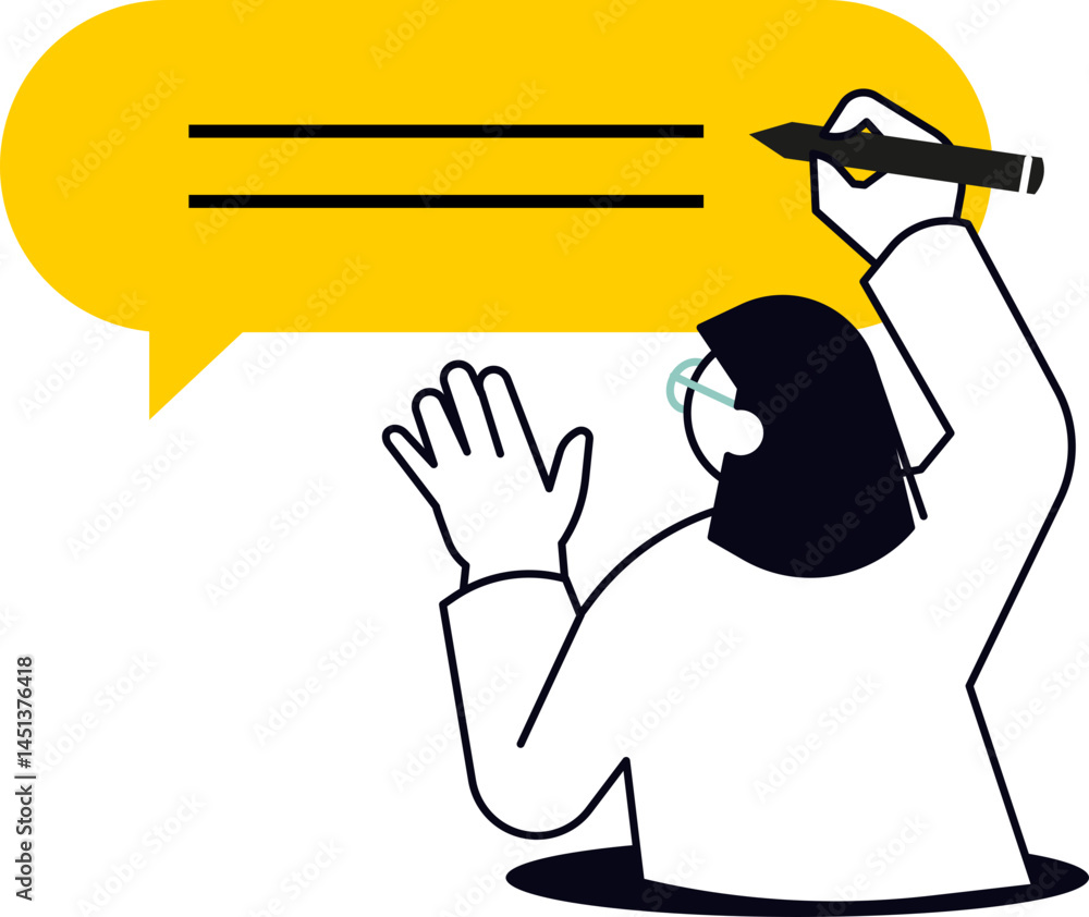 Poster a person is writing or drawing in a speech bubble. it's a conceptual illustration suggesting ideas b
