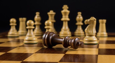 Fallen king on a wooden chess board game