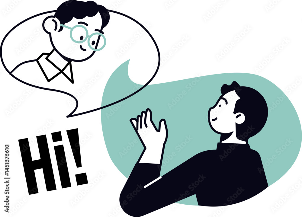 Poster Illustration depicts a digital interaction. A person gestures while another appears in a speech bubble. Great for communication or meeting interfaces.