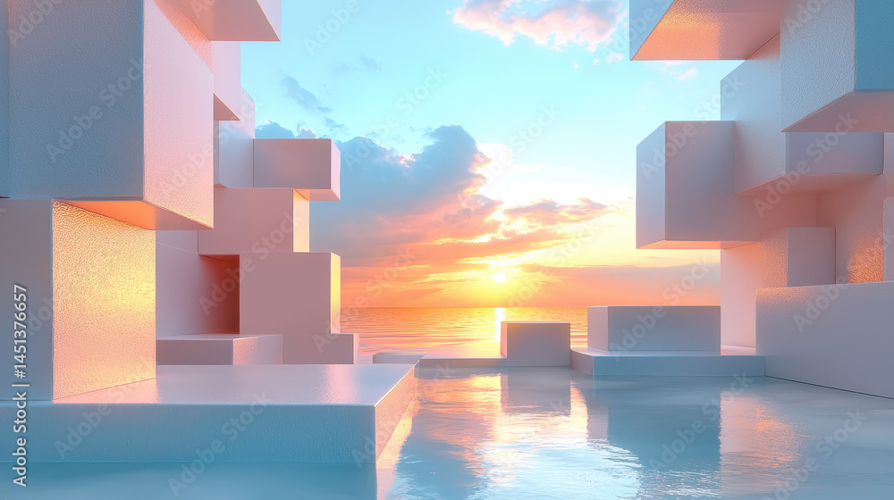 Aufkleber harmonious 4k visual featu a 3d background with abstract architectural forms, viewed from a side ang