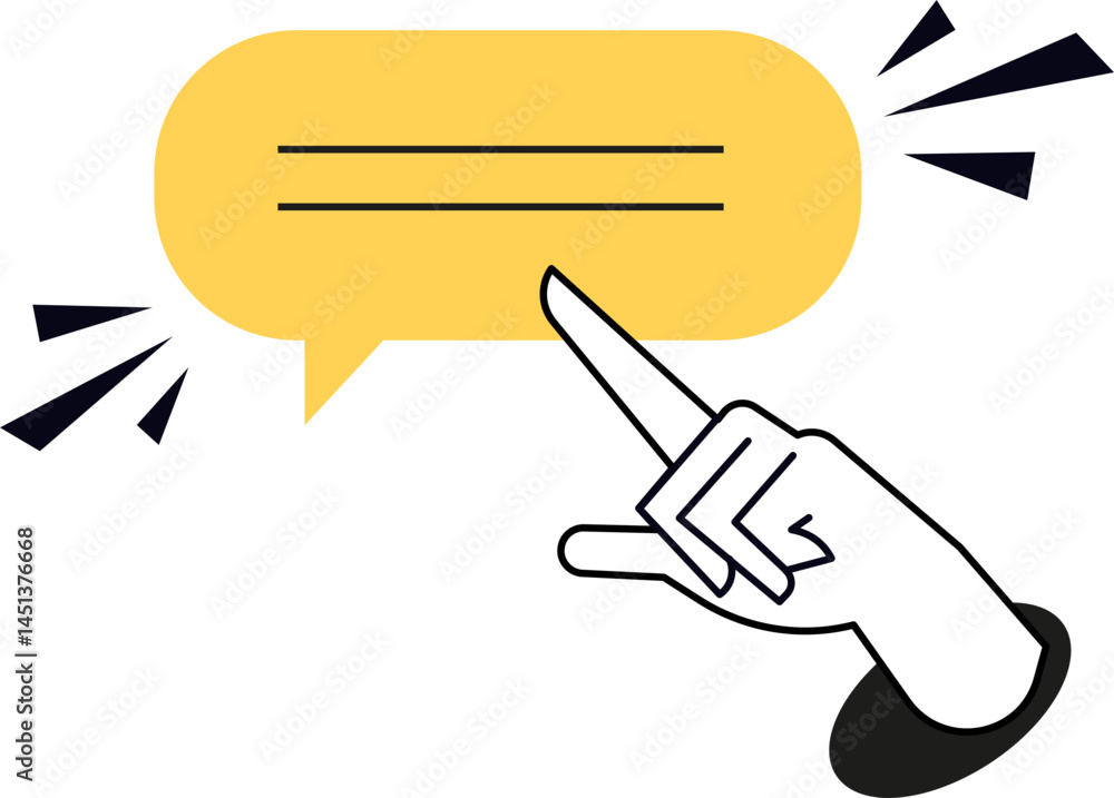 Poster an illustration depicting a hand pointing towards a speech bubble. this graphic is suitable for repr
