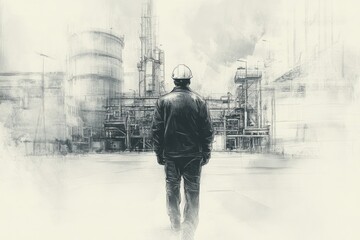 Industrial landscape with solitary figure in grayscale sketch.