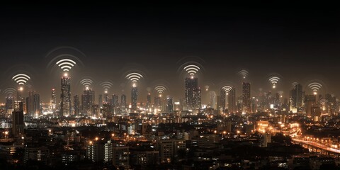 Fototapeta premium Night Cityscape with Wi-Fi Signal Icons Representing Connectivity and Technology Trends, Urban Life, Internet of Things, Digital Communication