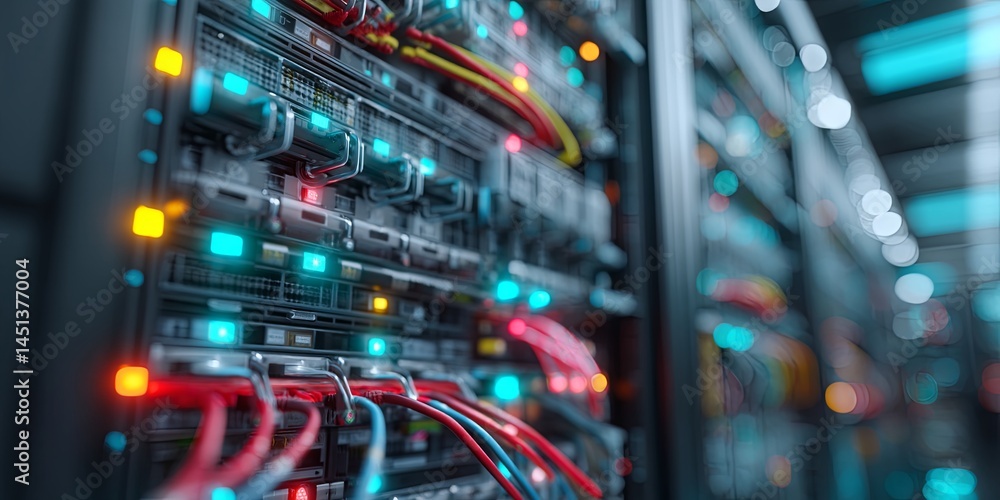 Poster Close-up View of Network Server Rack with Colorful Lights and Connected Cables in a Data Center Environment