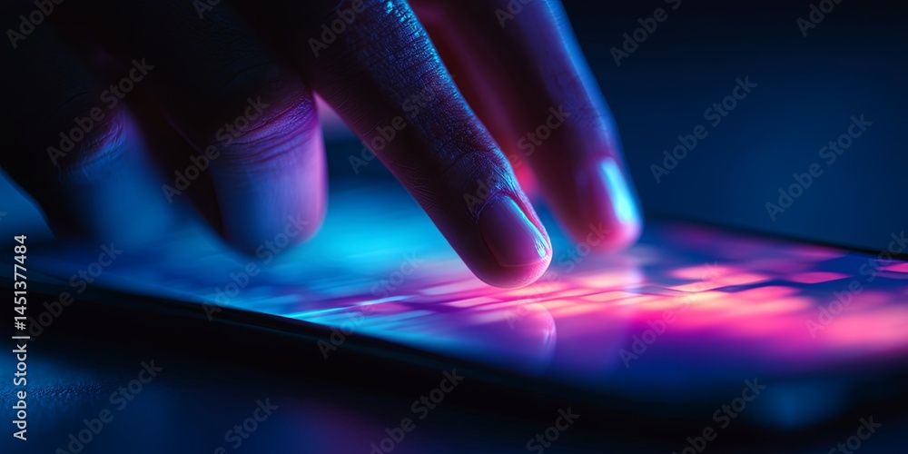 Aufkleber Close-Up of a Hand Tapping a Smartphone Screen in a Neon-lit Environment Emphasizing Modern Technology and Digital Interaction