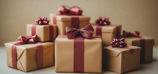 Obraz premium A Collection of Beautifully Wrapped Gifts with Burgundy Ribbons