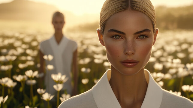 Ethereal Beauty in Bloom: Two women emerge from a field of flowers under a warm sunlit sky, the first woman captivating with an intense gaze. A serene moment in nature.
