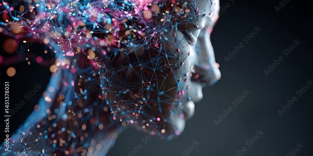 Poster Futuristic Digital Representation of Human Head with Colorful Neural Connections Symbolizing Artificial Intelligence Concept