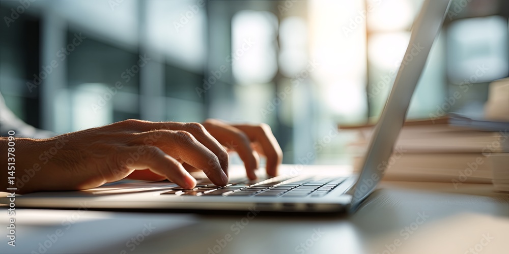 Poster Hands Typing on a Laptop Keyboard in a Bright Modern Workspace with Natural Light and Books in the Background