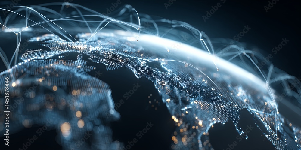 Poster Global Network Connection Concept Visual Displaying Digital Communication and Data Exchange Through Lines and Nodes Across a World Map