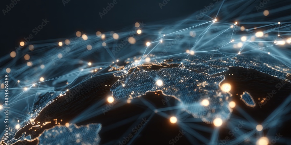 Aufkleber Global Network Connection Concept Visual Displaying Digital Communication and Data Exchange Through Lines and Nodes Across a World Map