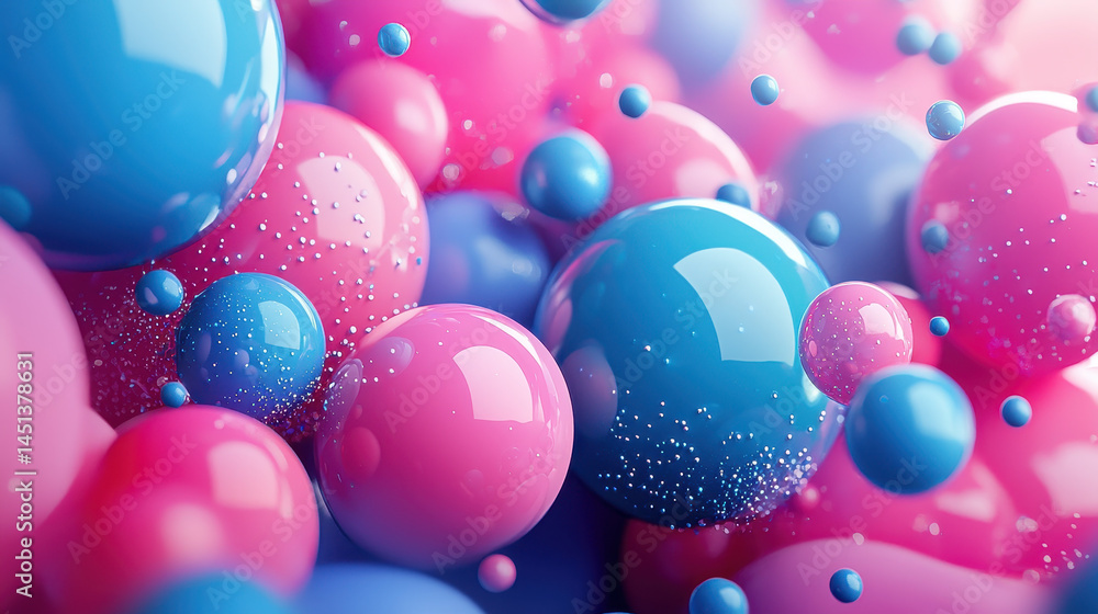 Poster a vibrant 3d background featu realistic pink and blue spheres scattered at a side angle, creating a 