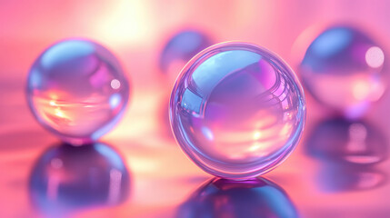 A vibrant realistic 4K 3D background showcases glass spheres on a reflective surface with side angle view, creating a futuristic conceptual art piece.