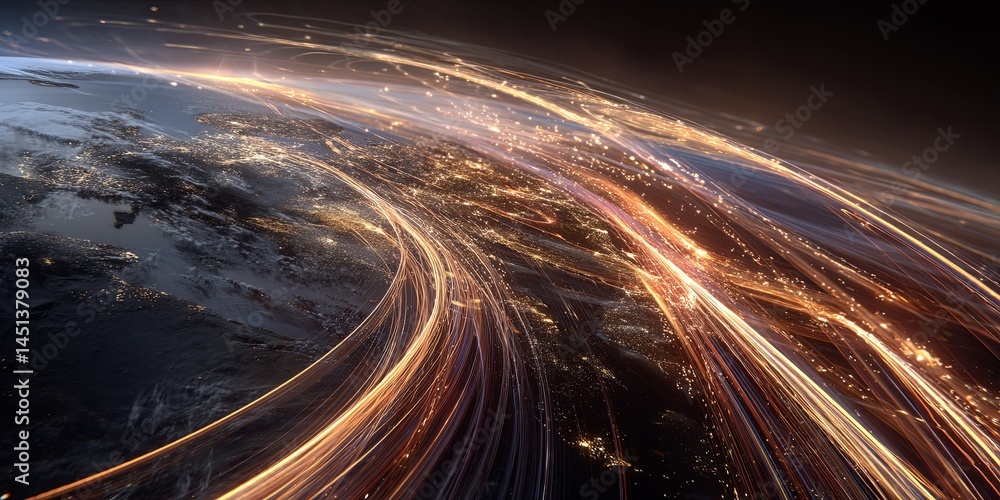 Aufkleber Abstract Representation of Earth with Glowing Data Streams and Light Trails in a Cosmic Setting Conveying Technology and Connectivity
