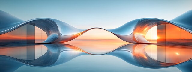 Fototapeta premium Futuristic chrome architecture with curved metallic shapes for elegant 3D car showcase and branding