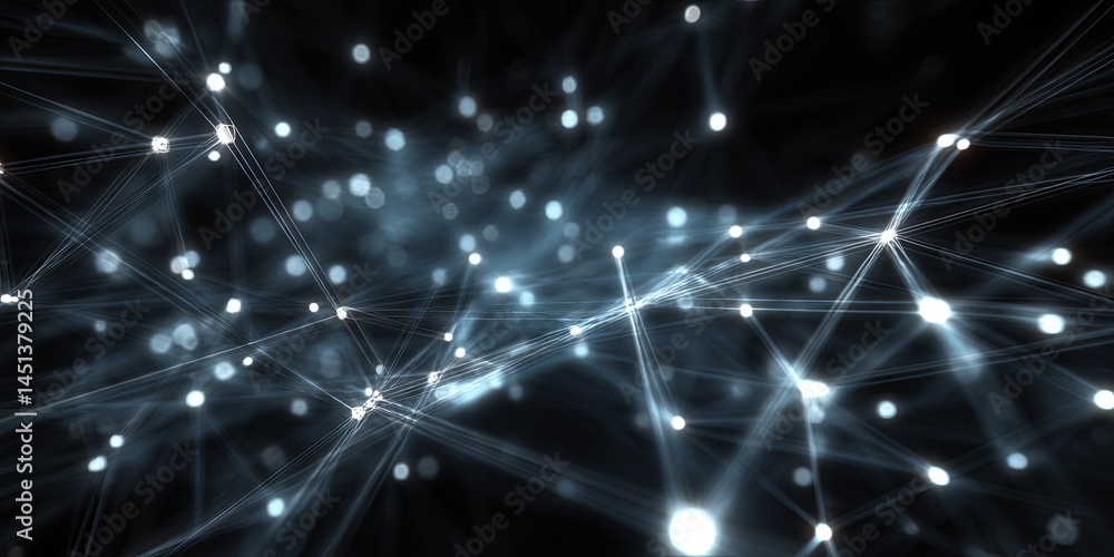 Poster Abstract representation of a digital network connecting points of light in a futuristic starry background, symbolizing technological advancements and global connectivity
