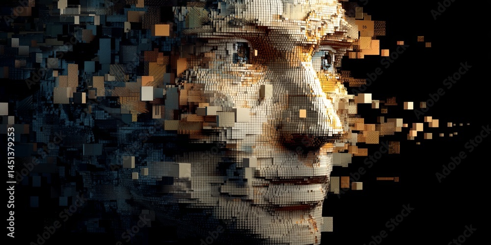 Poster abstract representation of a digital face made of fragmented pixels and 3d shapes on black backgroun