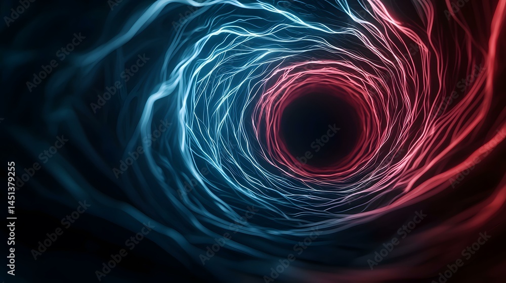 Poster the image contains an abstract representation of a tunnel or vortex, formed by swirling, luminous li