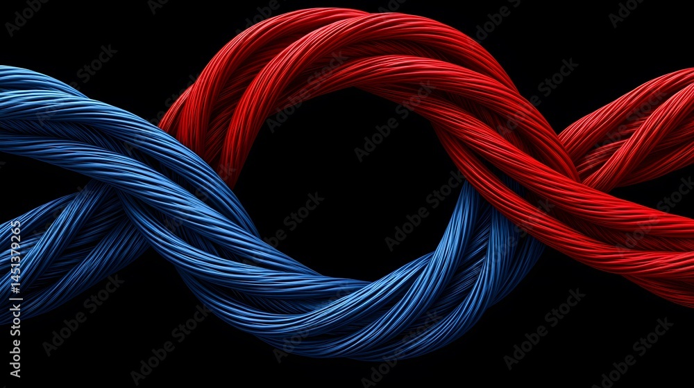 Poster intricately woven strands of vibrant red and deep blue fabric intertwine and twist against a stark b
