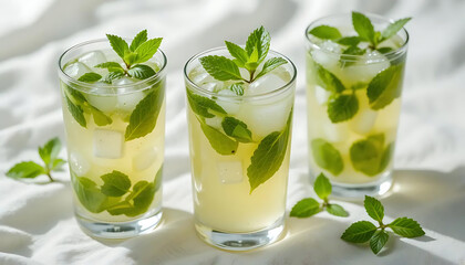 Fototapeta premium Two elegant glasses of sparkling mint lemonade garnished with flowers, captured in soft daylight. Perfect for themes of summer refreshment, healthy drinks, or beverage styling.