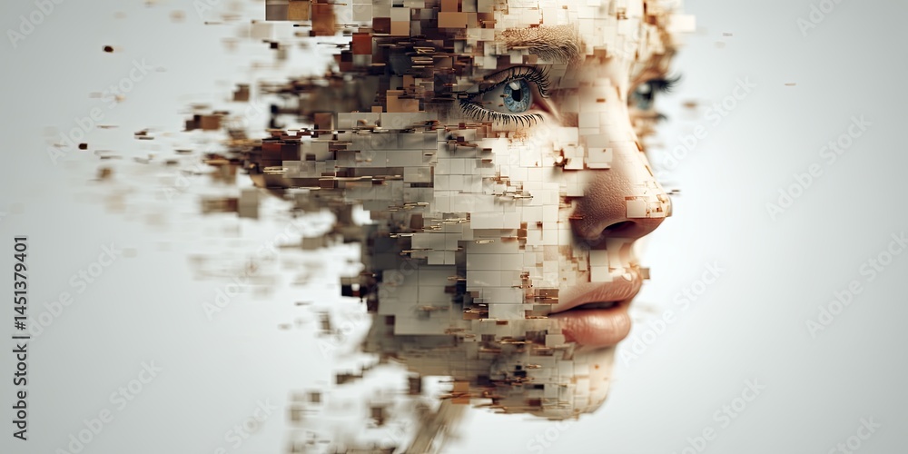 Aufkleber abstract representation of a human face made of fragmented pixels, illustrating digital transformati