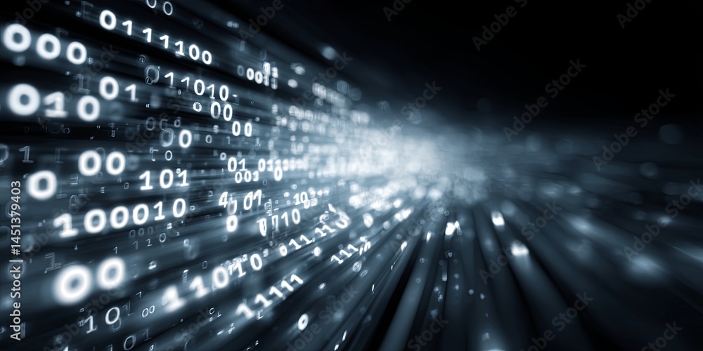 Poster Ascending Digital Data Streams with Glowing Binary Numbers in Futuristic Technology Concept Illustration