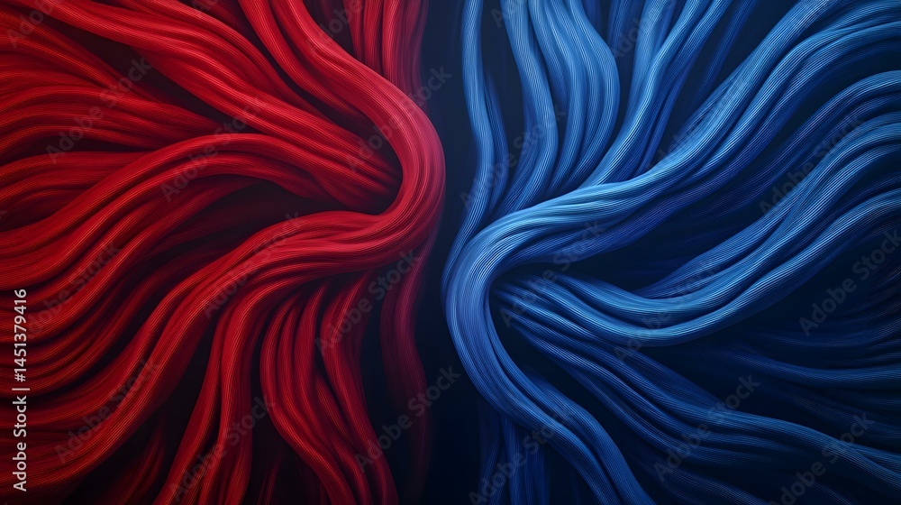 Poster an abstract image depicting two contrasting masses of richly textured, flowing fabric, one vibrant r