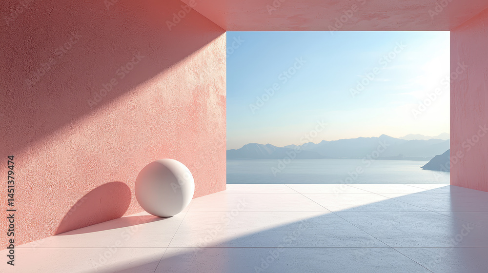 Aufkleber unique 3d background with a realistic pink wall, a sphere and a stunning lake view in 4k, creating a