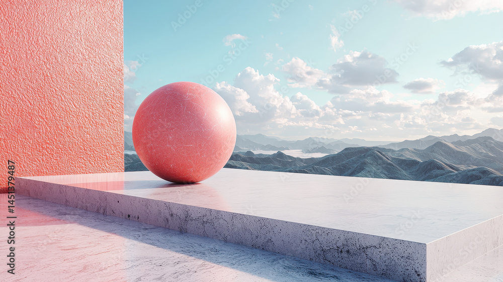 Poster a unique 4k 3d background composition features a realistic side view of a pink sphere on a concrete 