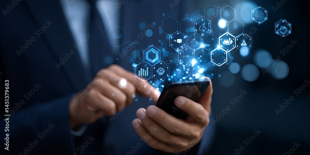 Aufkleber businessman using smartphone with digital icons on blue background representing technology, communic