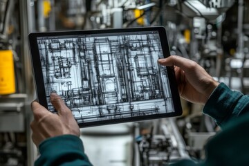 Industrial technician reviewing technical blueprints on a tablet.