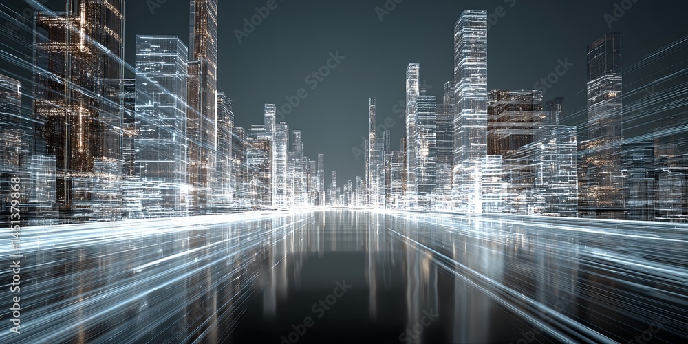 Poster Futuristic Cityscape with Data Streams Representing Digital Transformation and Technology Integration in Urban Environments