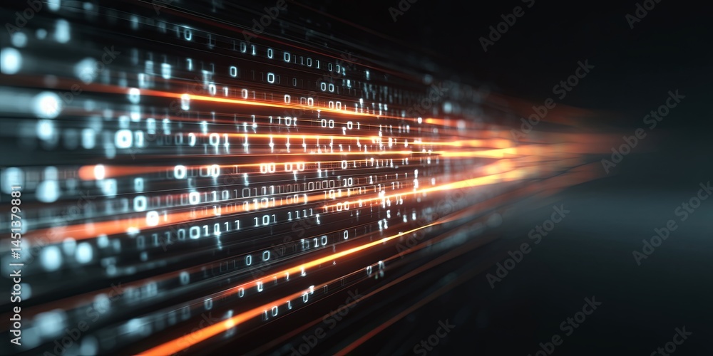 Poster Abstract Digital Background with Glowing Binary Code and Light Trails, Representing Data Processing and Technology Concept