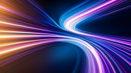 The image contains abstract streaks of light in shades of purple, blue, and orange, curving and intersecting to create a dynamic, energetic composition.