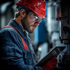 Focused factory worker reviews digital tablet in industrial setting.