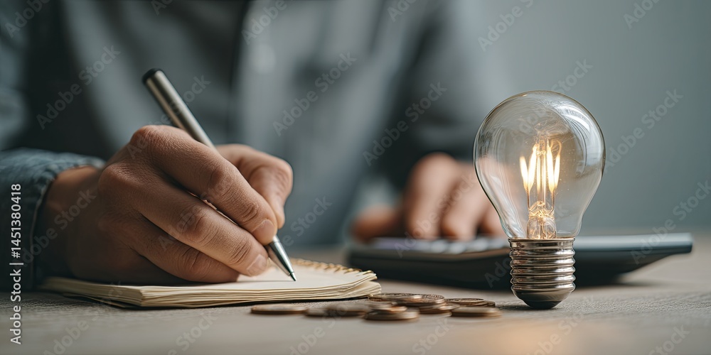 Leinwandbilder business professional holding light bulb in one hand while writing on notepad and calculating financ