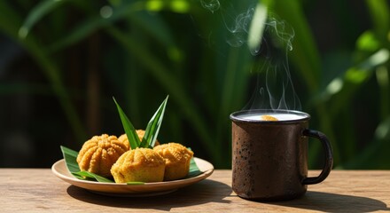 Steaming Coffee and Sweet Treats on a Wood Table, Greenery Background. Traditional Indonesian Drink: Kue dan Wedang Jahe